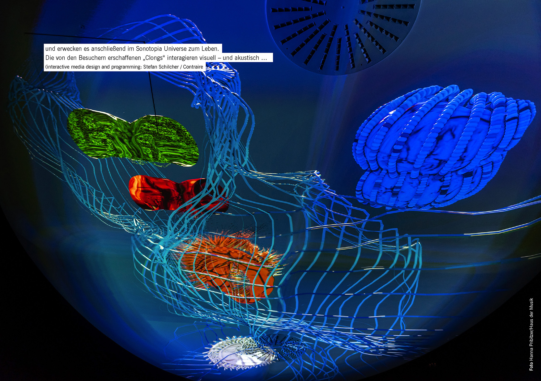 und erwecken es anschließend im Sonotopia Universe zum Leben. Die von den Besuchern erschaffenen „Clongs“ interagieren visuell – und akustisch … (interactive media design and programming: Contraire